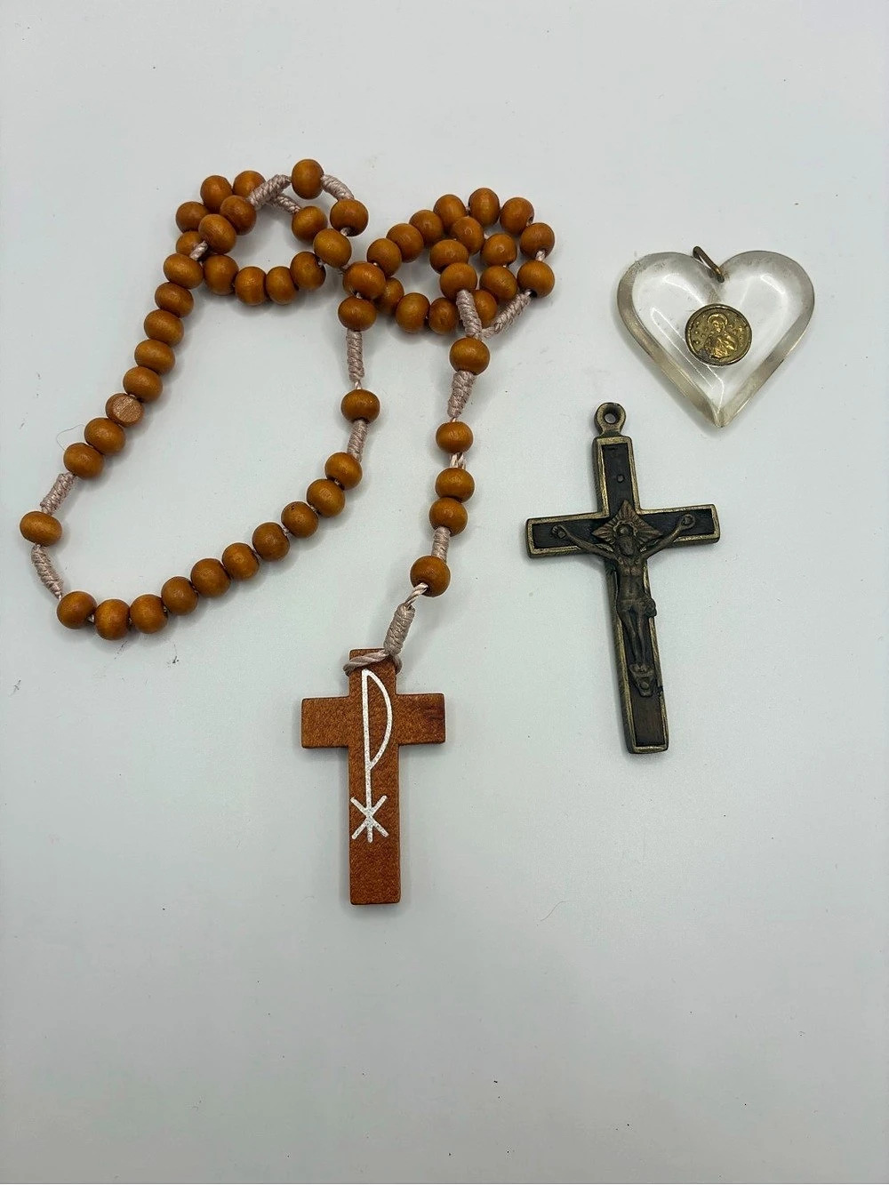 Religious Rosary Necklace Set in Brown & Gold